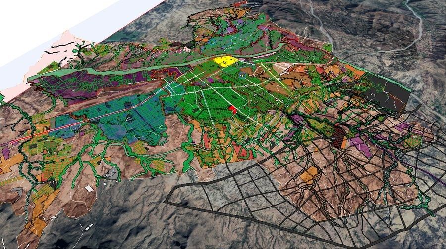 Vista aérea del modelo CIM del Distrito 1 de Tarija