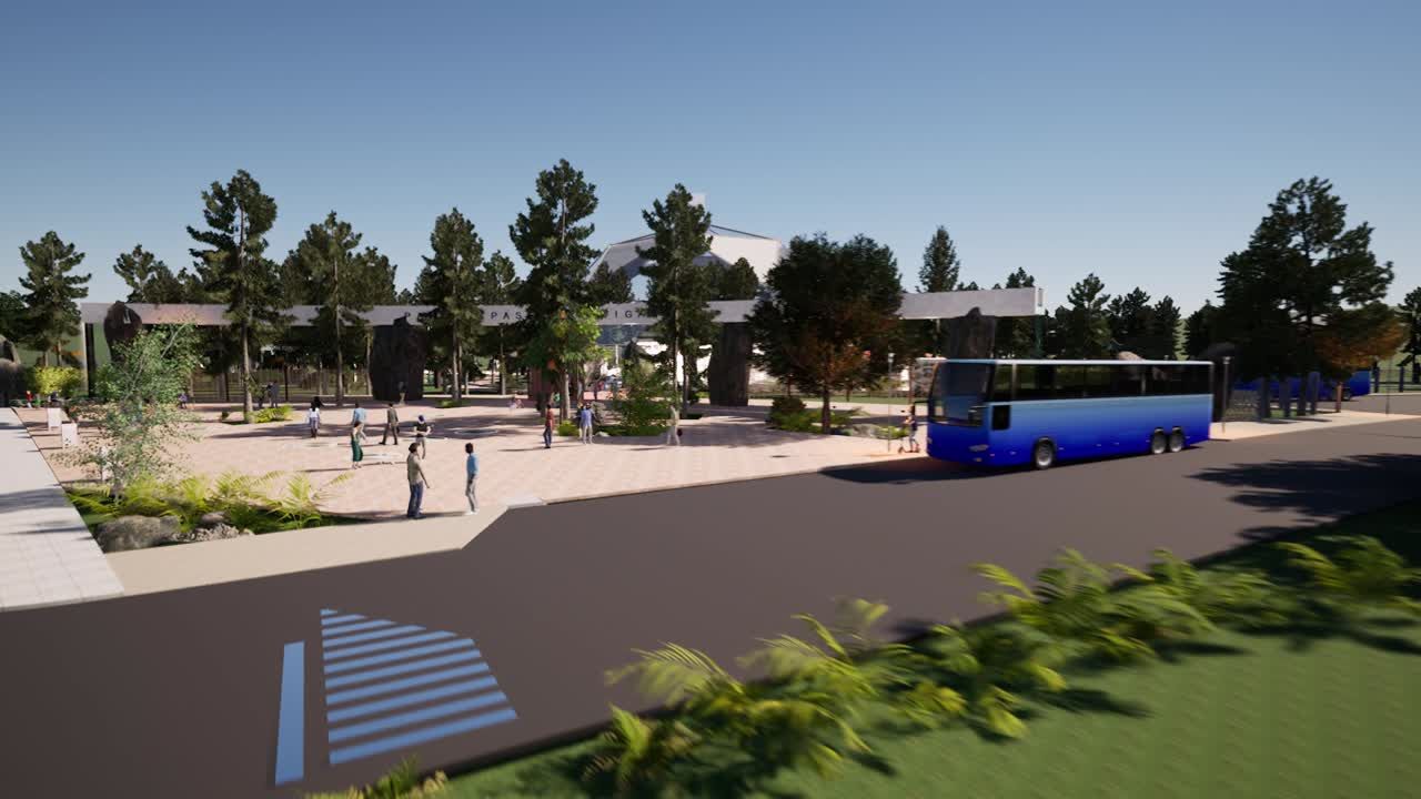 Render del ingreso al Parque Paleontológico Tierra de Gigantes