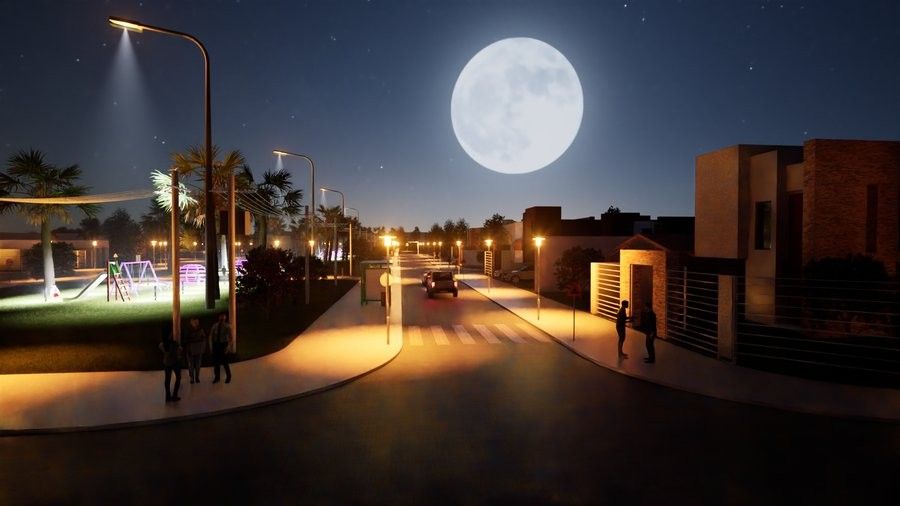 Render nocturno de la Urbanización Nueva Santa Cruz, modelada en BIM